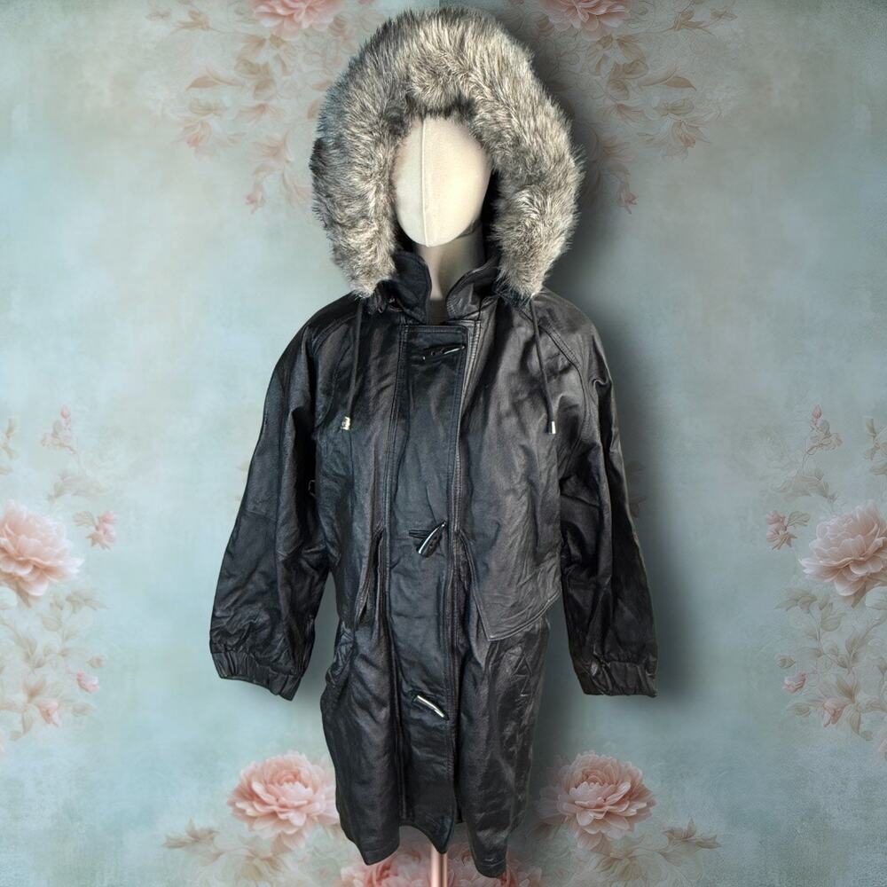 Vintage Wilsons Leather Black Leather Thinsulate Faux Fur Hood Jacket Coat